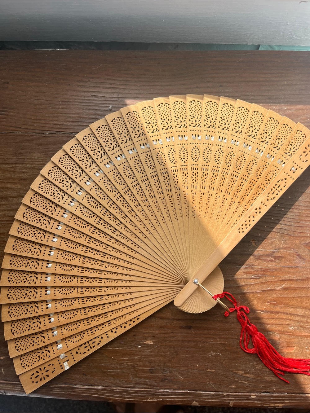 Vintage Wooden Hand Fan with Red Tassel